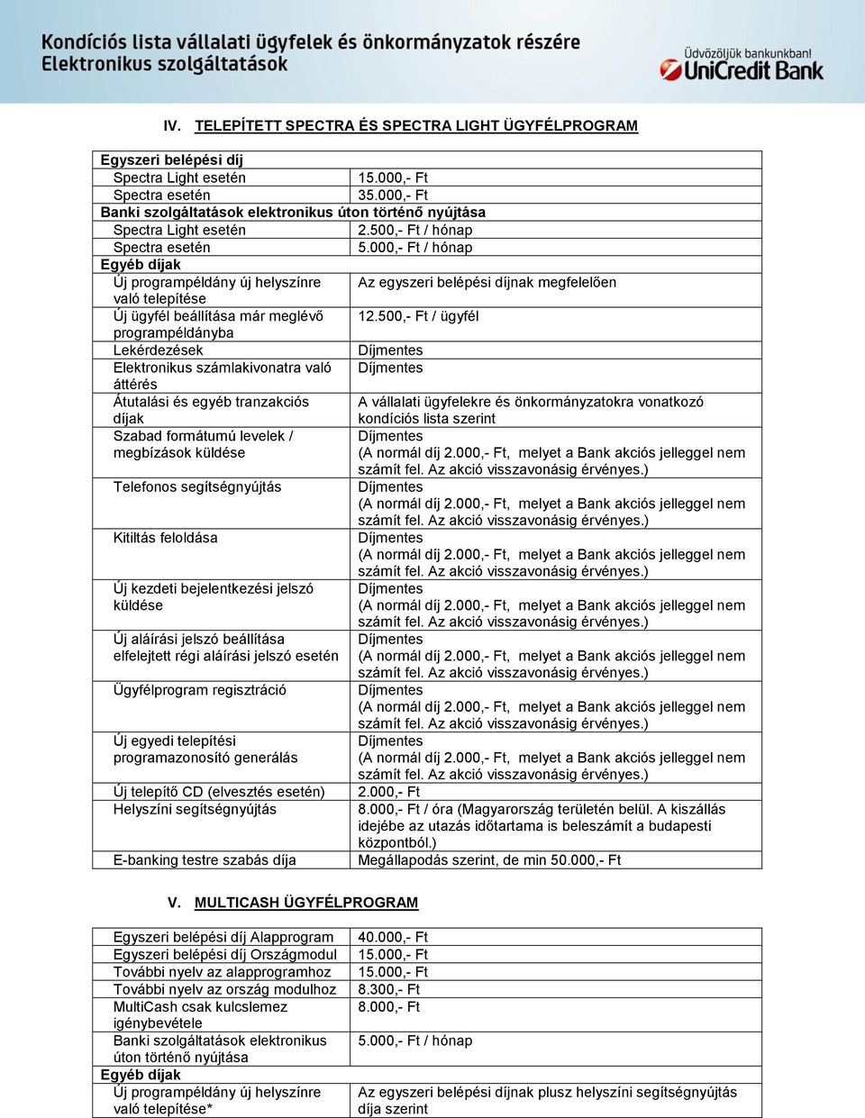 500,- Ft / ügyfél programpéldányba Lekérdezések Elektronikus számlakivonatra való áttérés Átutalási és egyéb tranzakciós A vállalati ügyfelekre és önkormányzatokra vonatkozó díjak Szabad formátumú