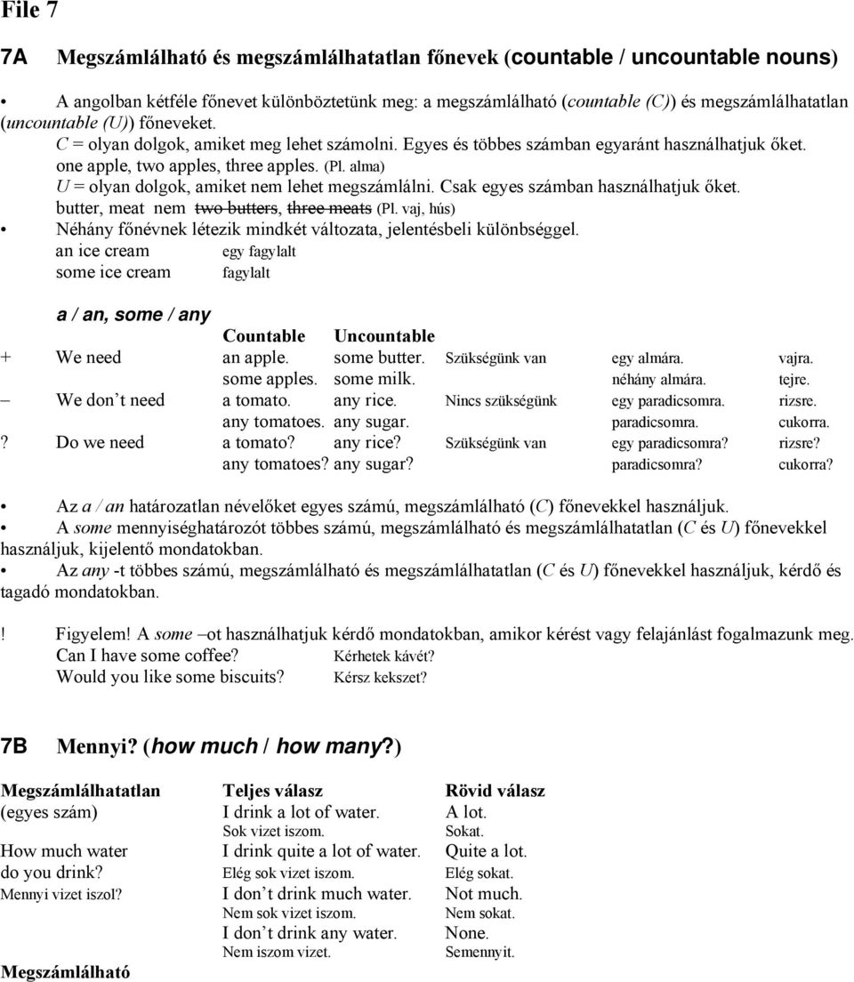 alma) U = olyan dolgok, amiket nem lehet megszámlálni. Csak egyes számban használhatjuk őket. butter, meat nem two butters, three meats (Pl.