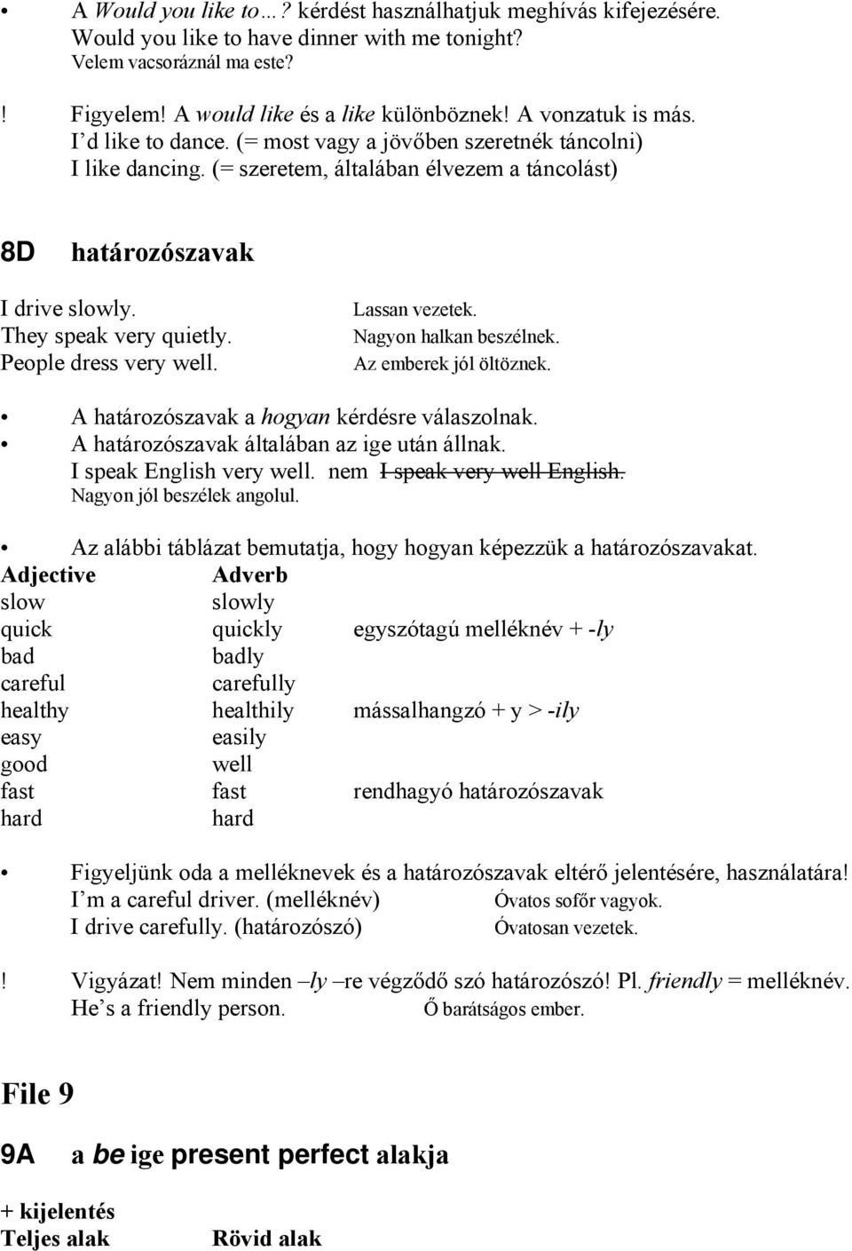 People dress very well. Lassan vezetek. Nagyon halkan beszélnek. Az emberek jól öltöznek. A határozószavak a hogyan kérdésre válaszolnak. A határozószavak általában az ige után állnak.