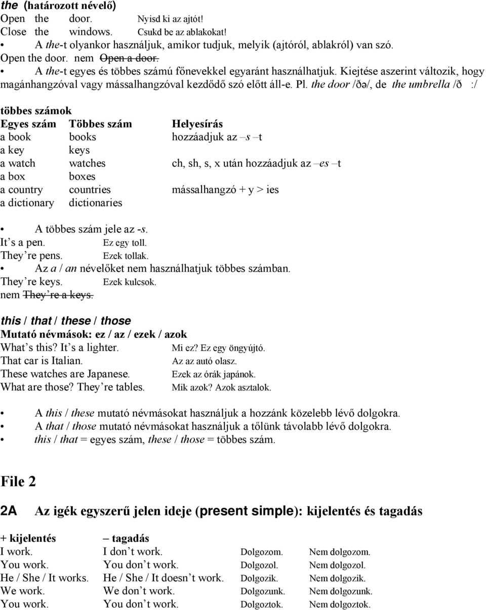 the door /ðə/, de the umbrella /ð:/ többes számok Egyes szám Többes szám Helyesírás a book books hozzáadjuk az s t a key keys a watch watches ch, sh, s, x után hozzáadjuk az es t a box boxes a