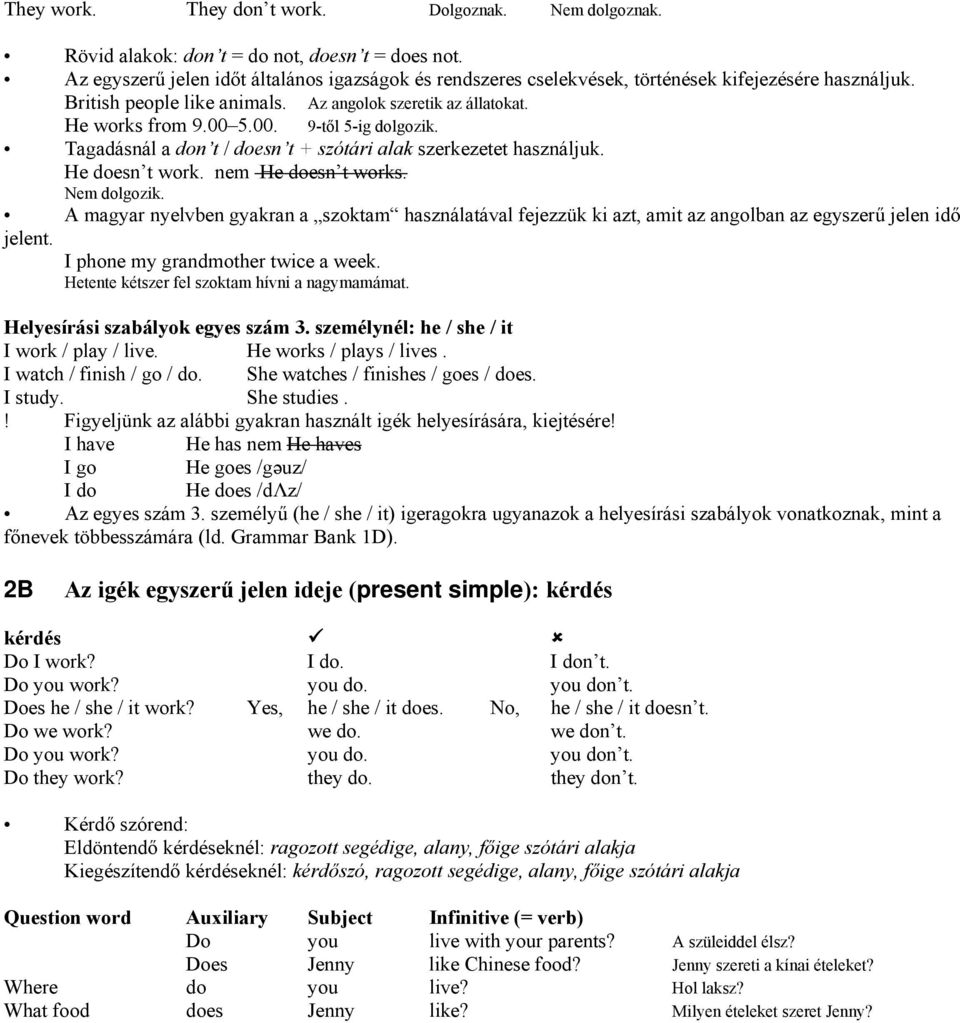 5.00. 9-től 5-ig dolgozik. Tagadásnál a don t / doesn t + szótári alak szerkezetet használjuk. He doesn t work. nem He doesn t works. Nem dolgozik.