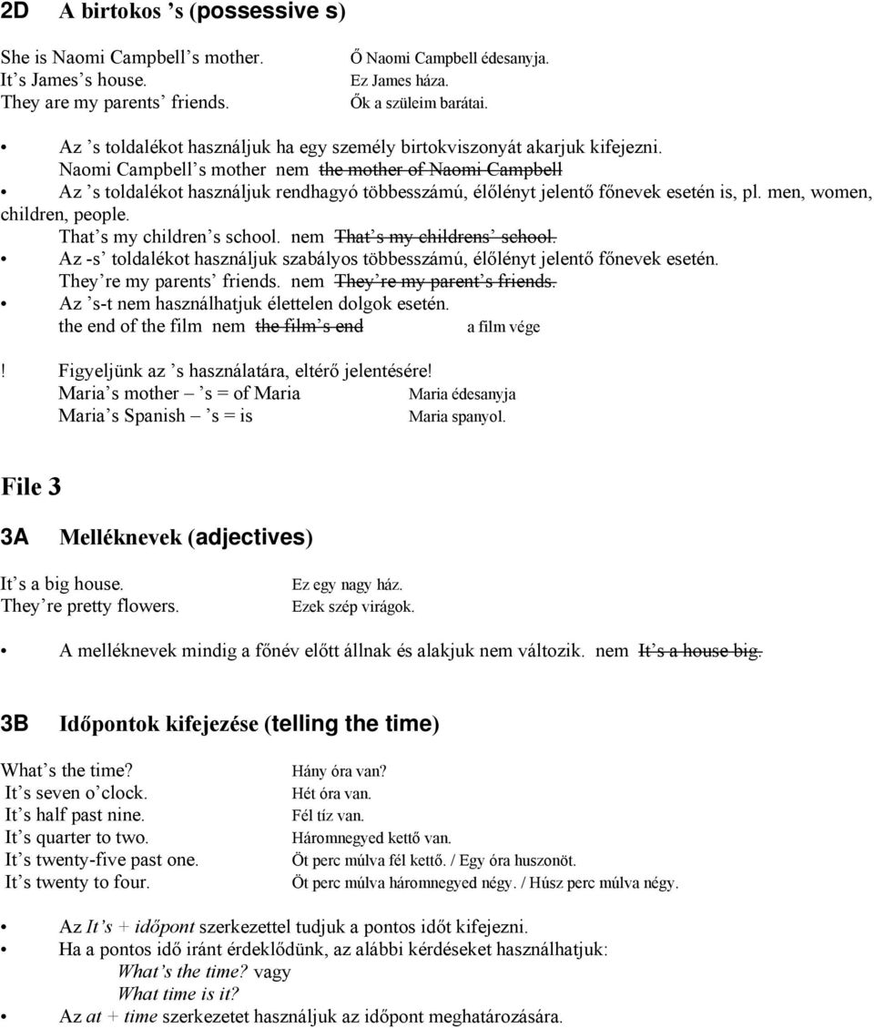 Naomi Campbell s mother nem the mother of Naomi Campbell Az s toldalékot használjuk rendhagyó többesszámú, élőlényt jelentő főnevek esetén is, pl. men, women, children, people.