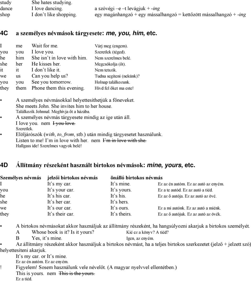 he him She isn t in love with him. Nem szerelmes belé. she her He kisses her. Megcsókolja (őt). it it I don t like it. Nem tetszik. we us Can you help us? Tudna segíteni (nekünk)?