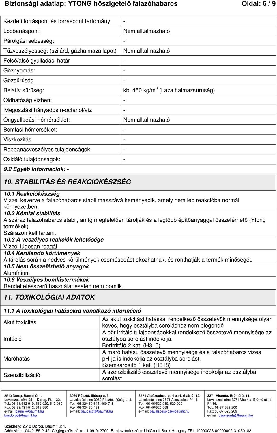 Oxidáló tulajdonságok: 9.2 Egyéb információk: 10. STABILITÁS ÉS REAKCIÓKÉSZSÉG Nem alkalmazható Nem alkalmazható kb. 450 kg/m 3 (Laza halmazsűrűség) Nem alkalmazható 10.