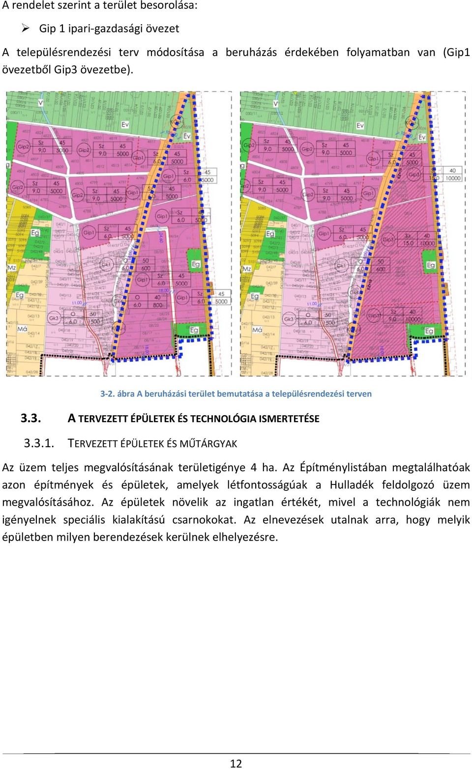 TERVEZETT ÉPÜLETEK ÉS MŰTÁRGYAK Az üzem teljes megvalósításának területigénye 4 ha.