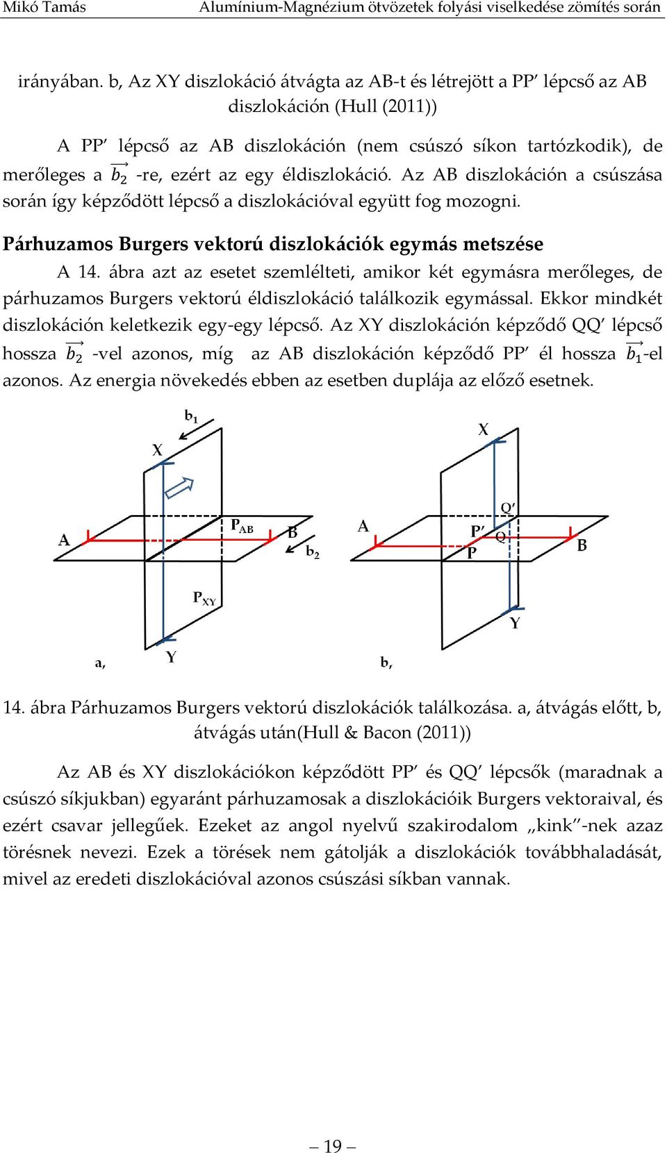 éldiszlokáció. Az AB diszlokáción a csúszása során így képződött lépcső a diszlokációval együtt fog mozogni. Párhuzamos Burgers vektorú diszlokációk egymás metszése A 14.