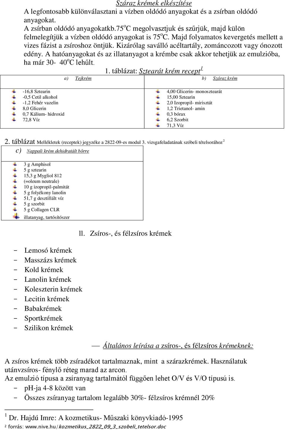 Kizárólag saválló acéltartály, zománcozott vagy ónozott edény. A hatóanyagokat és az illatanyagot a krémbe csak akkor tehetjük az emulzióba, ha már 30-40 o C lehűlt. 1.