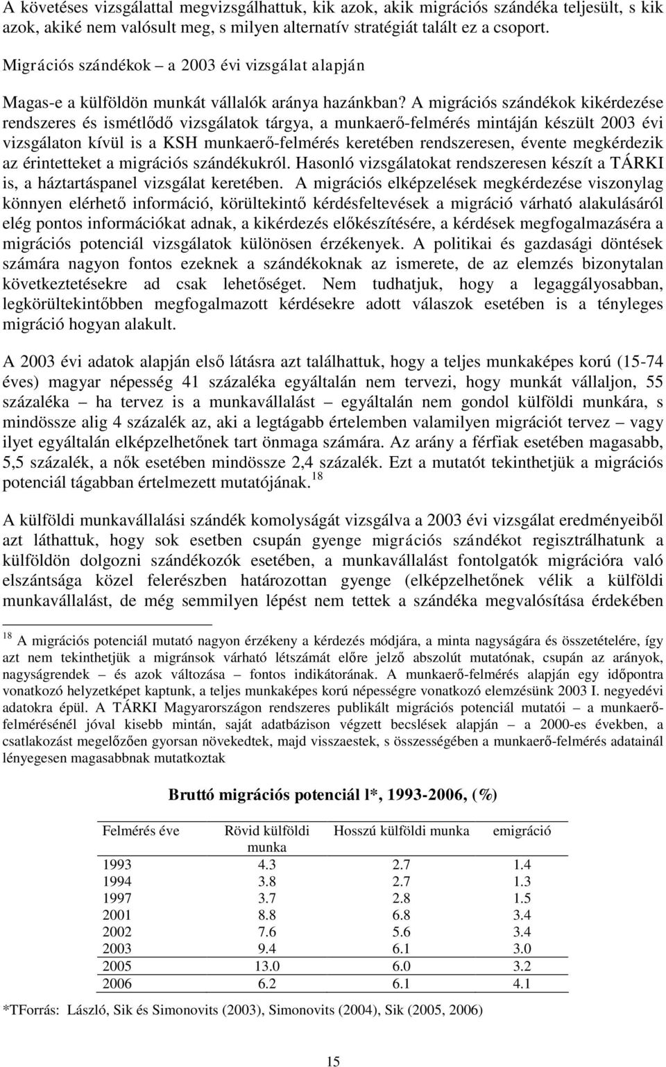 A migrációs szándékok kikérdezése rendszeres és ismétlődő vizsgálatok tárgya, a munkaerő-felmérés mintáján készült 2003 évi vizsgálaton kívül is a KSH munkaerő-felmérés keretében rendszeresen, évente