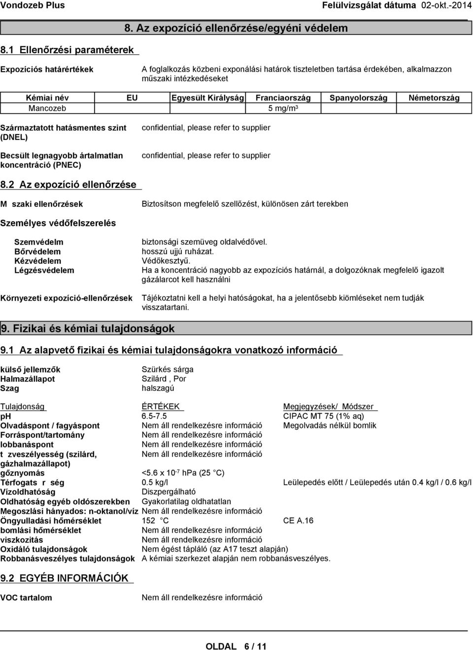 Franciaország Spanyolország Németország Mancozeb 5 mg/m 3 Származtatott hatásmentes szint (DNEL) Becsült legnagyobb ártalmatlan koncentráció (PNEC) confidential, please refer to supplier