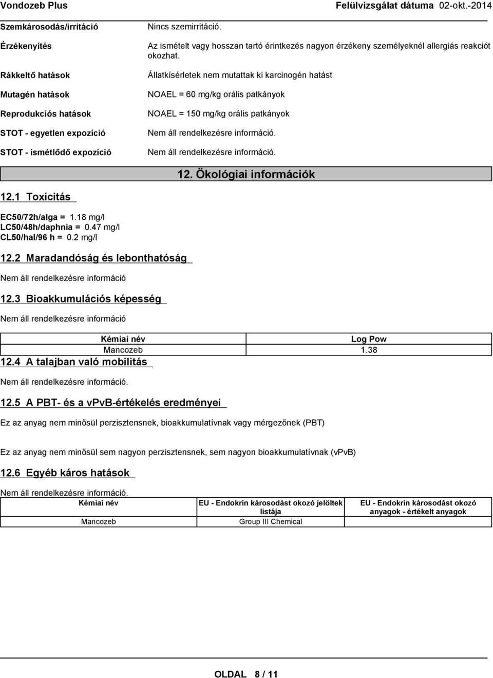 reakciót okozhat. Állatkísérletek nem mutattak ki karcinogén hatást NOAEL = 60 mg/kg orális patkányok NOAEL = 150 mg/kg orális patkányok.. 12. Ökológiai információk 12.1 Toxicitás EC50/72h/alga = 1.