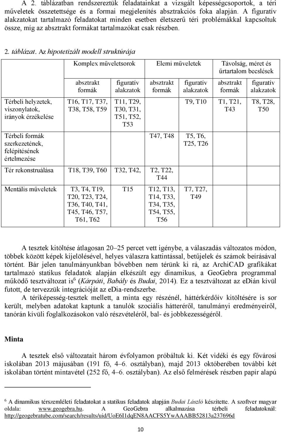 Az hipotetizált modell struktúrája Térbeli helyzetek, viszonylatok, irányok érzékelése Térbeli formák szerkezetének, felépítésének értelmezése Komplex műveletsorok Elemi műveletek Távolság, méret és