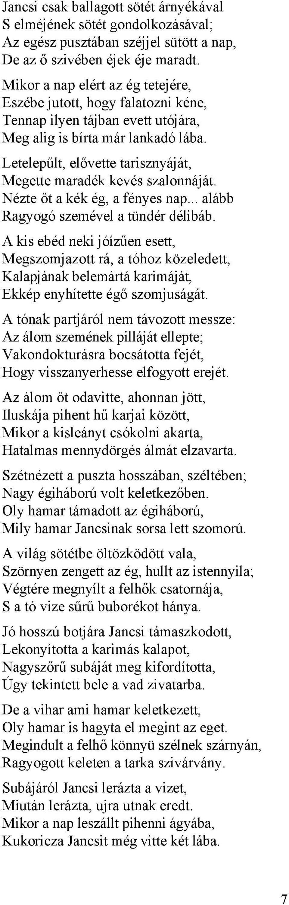 Letelepűlt, elővette tarisznyáját, Megette maradék kevés szalonnáját. Nézte őt a kék ég, a fényes nap... alább Ragyogó szemével a tündér délibáb.