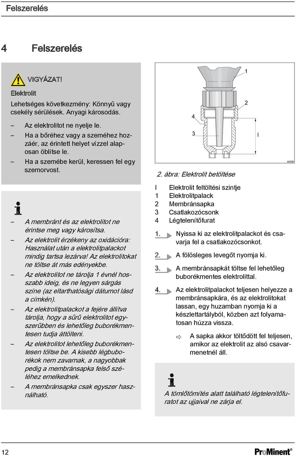 ábra: Elektrolit betöltése 2 I A0289 A membránt és az elektrolitot ne érintse meg vagy károsítsa. Az elektrolit érzékeny az oxidációra: Használat után a elektrolitpalackot mindig tartsa lezárva!