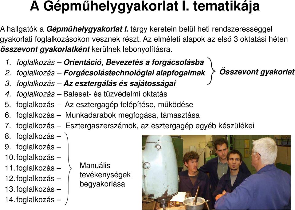foglalkozás Forgácsolástechnológiai alapfogalmak Összevont gyakorlat 3. foglalkozás Az esztergálás és sajátosságai 4. foglalkozás Baleset- és tűzvédelmi oktatás 5.