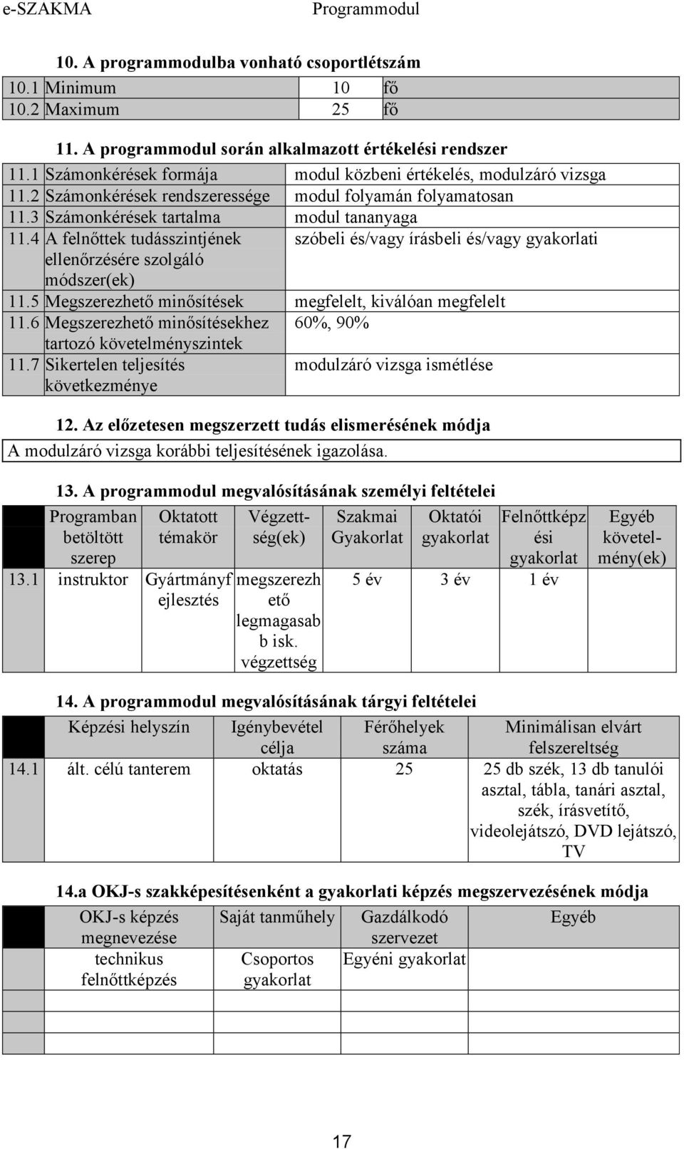 4 A felnőttek tudásszintjének szóbeli és/vagy írásbeli és/vagy i ellenőrzésére szolgáló módszer(ek) 11.5 Megszerezhető minősítések megfelelt, kiválóan megfelelt 11.