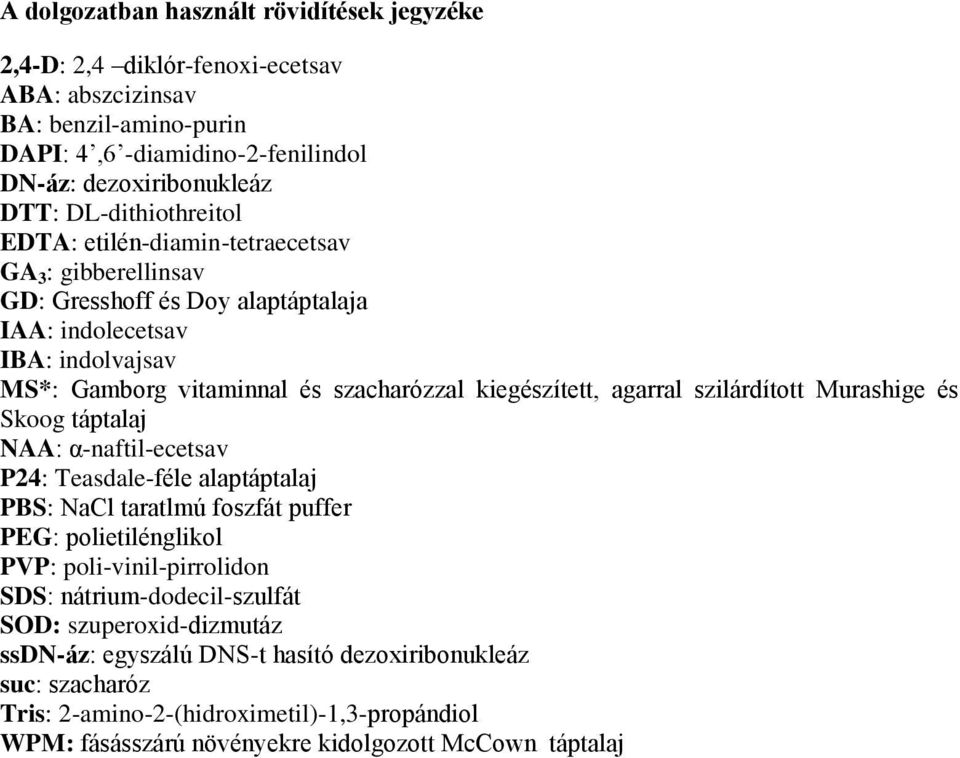 kiegészített, agarral szilárdított Murashige és Skoog táptalaj NAA: α-naftil-ecetsav P24: Teasdale-féle alaptáptalaj PBS: NaCl taratlmú foszfát puffer PEG: polietilénglikol PVP: