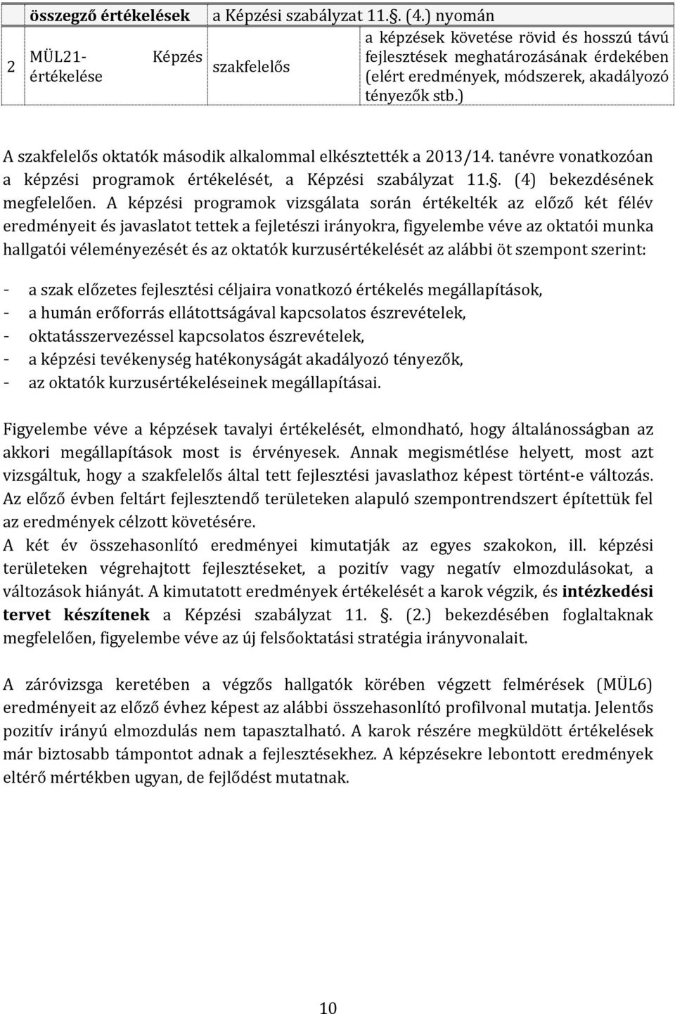 ) A szakfelelős oktatók második alkalommal elkésztették a 2013/14. tanévre vonatkozóan a képzési programok értékelését, a Képzési szabályzat 11.. (4) bekezdésének megfelelően.