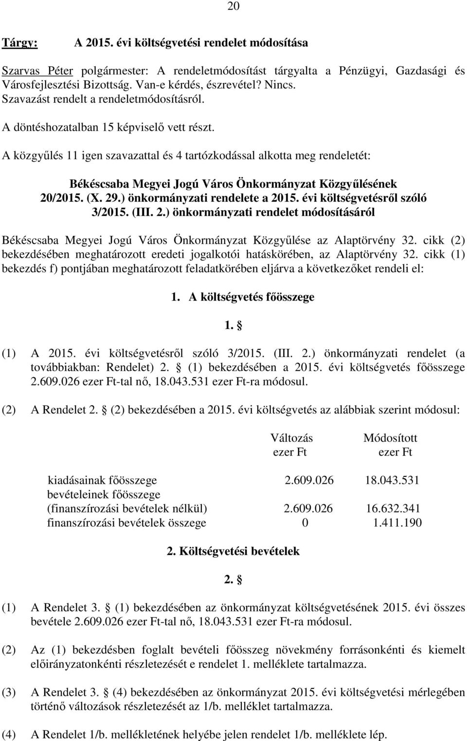 A közgyőlés 11 igen szavazattal és 4 tartózkodással alkotta meg rendeletét: Békéscsaba Megyei Jogú Város Önkormányzat Közgyőlésének 20/2015. (X. 29.) önkormányzati rendelete a 2015.