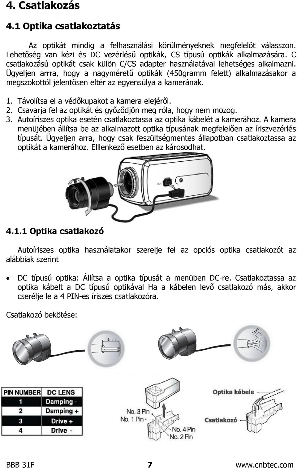 Ügyeljen arrra, hogy a nagyméretű optikák (450gramm felett) alkalmazásakor a megszokottól jelentősen eltér az egyensúlya a kamerának. 1. Távolítsa el a védőkupakot a kamera elejéről. 2.