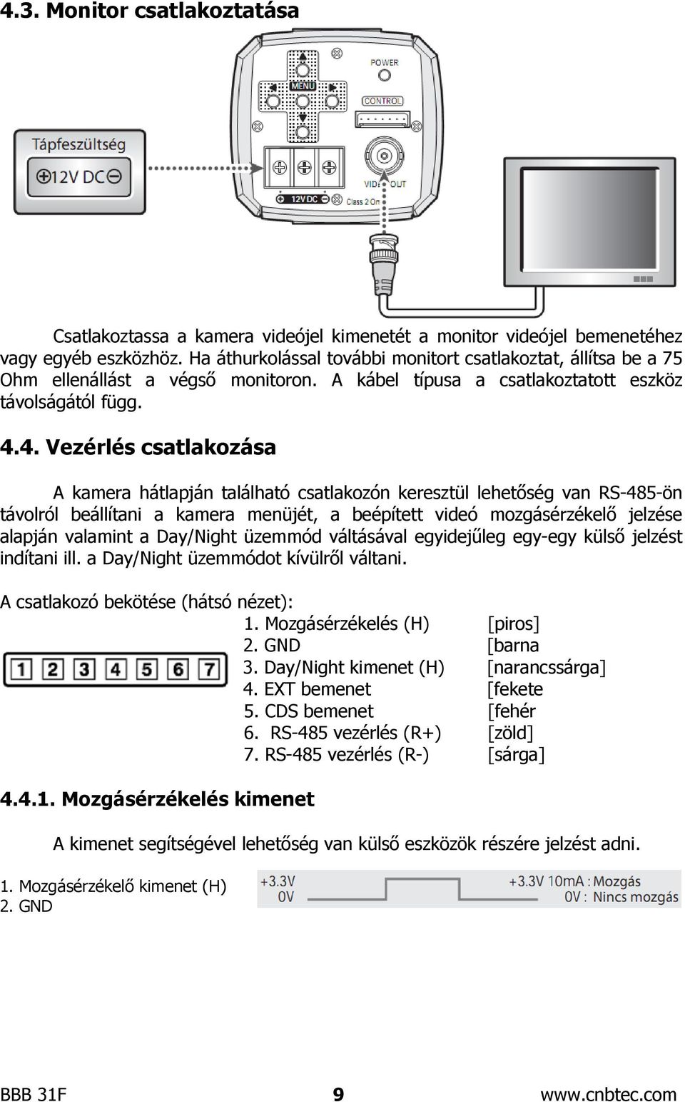 4. Vezérlés csatlakozása A kamera hátlapján található csatlakozón keresztül lehetőség van RS-485-ön távolról beállítani a kamera menüjét, a beépített videó mozgásérzékelő jelzése alapján valamint a