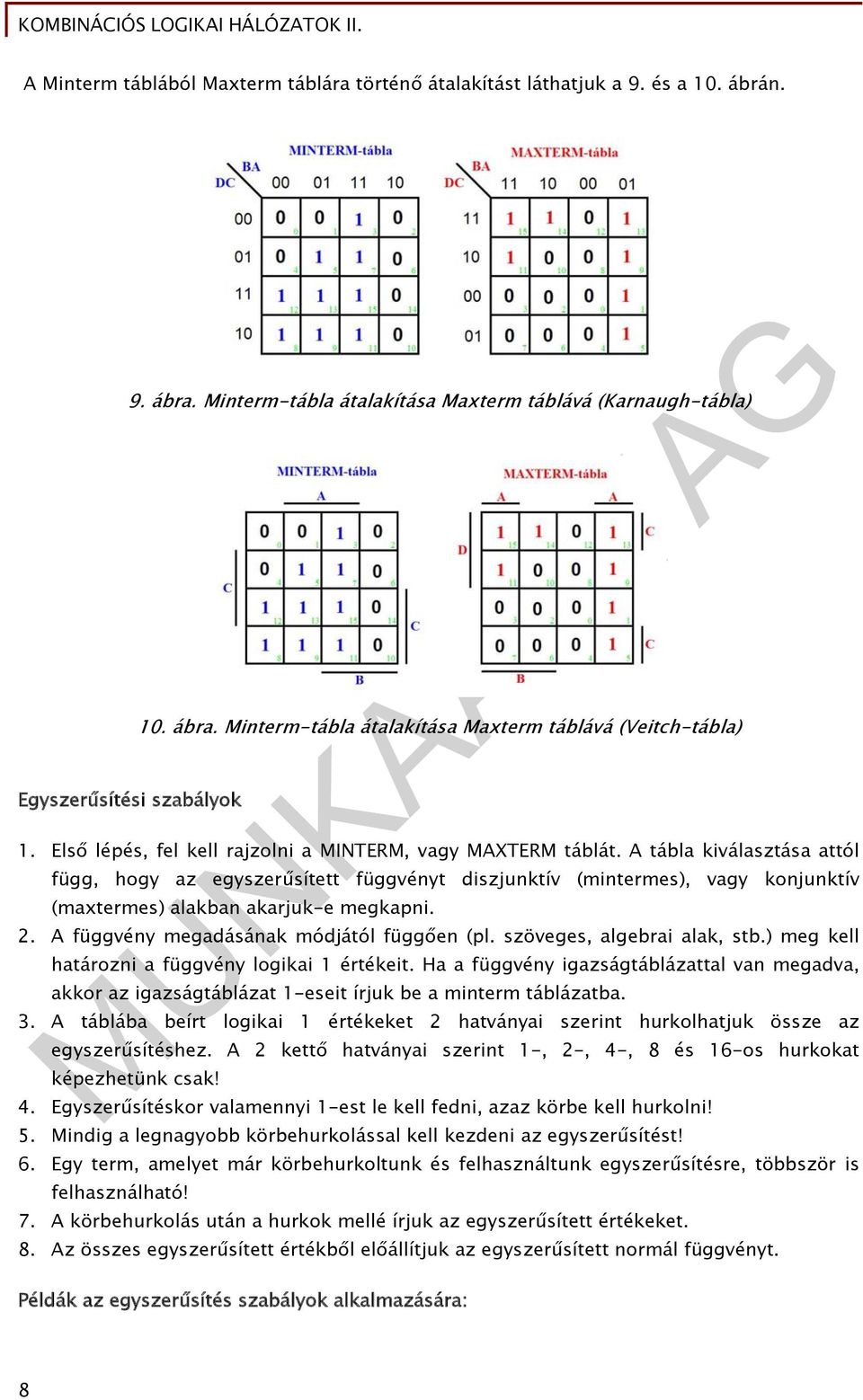 A tábla kiválasztása attól függ, hogy az egyszerűsített függvényt diszjunktív (mintermes), vagy konjunktív (maxtermes) alakban akarjuk-e megkapni. 2. A függvény megadásának módjától függően (pl.