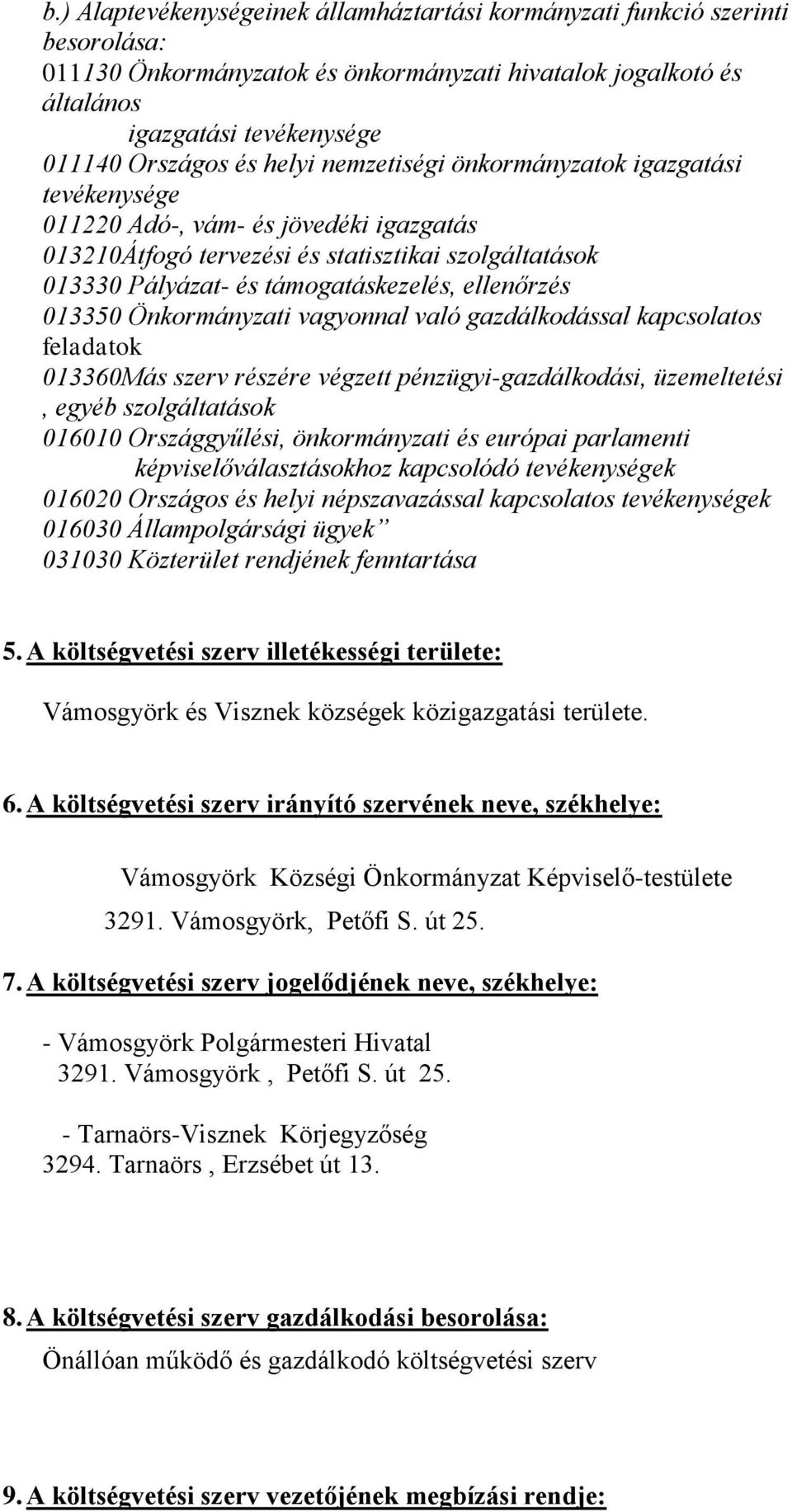 013350 Önkormányzati vagyonnal való gazdálkodással kapcsolatos feladatok 013360Más szerv részére végzett pénzügyi-gazdálkodási, üzemeltetési, egyéb szolgáltatások 016010 Országgyűlési, önkormányzati