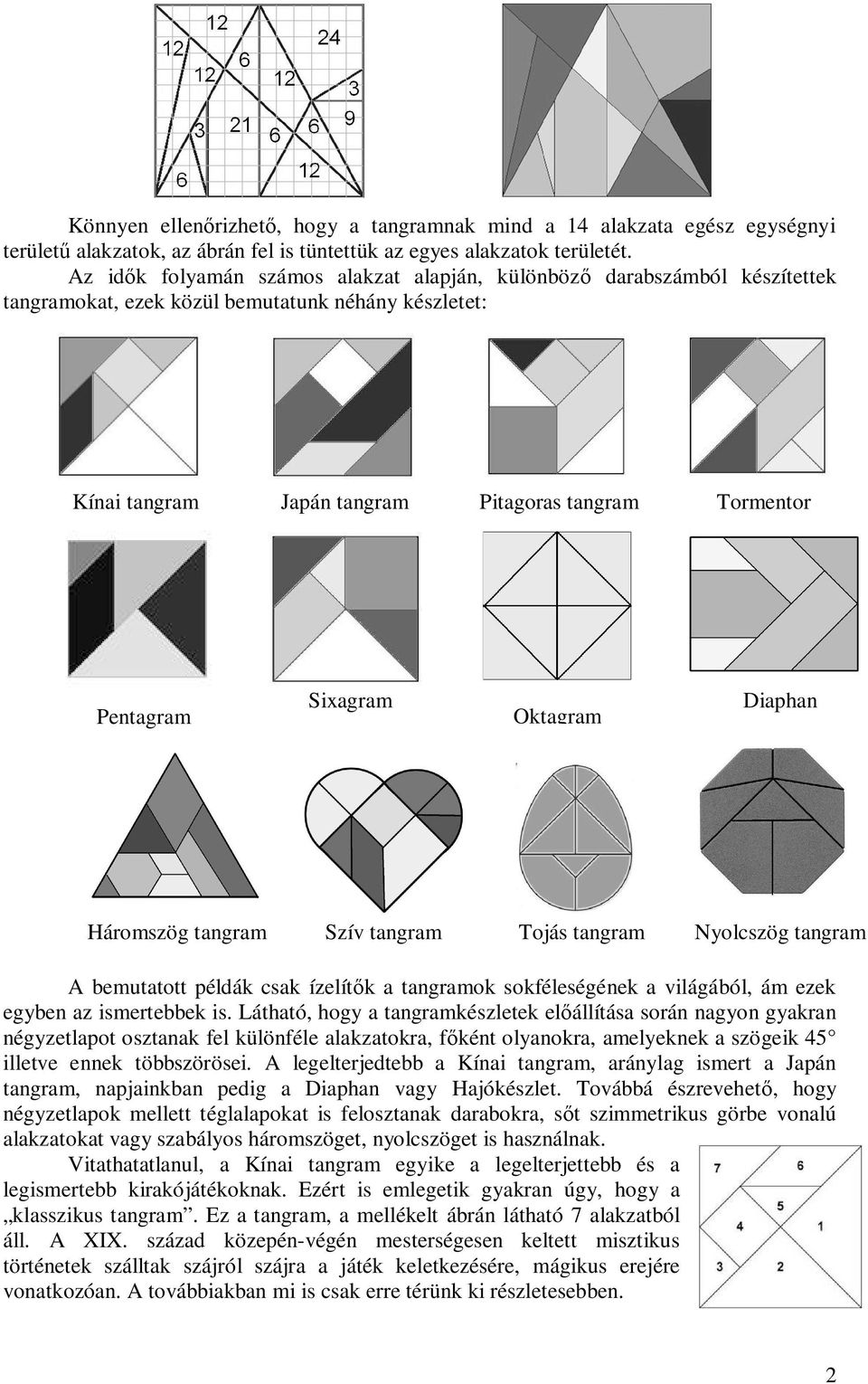 Sixagram Oktagram Diaphan Háromszög tangram Szív tangram Tojás tangram Nyolcszög tangram A bemutatott példák csak ízelít k a tangramok sokféleségének a világából, ám ezek egyben az ismertebbek is.