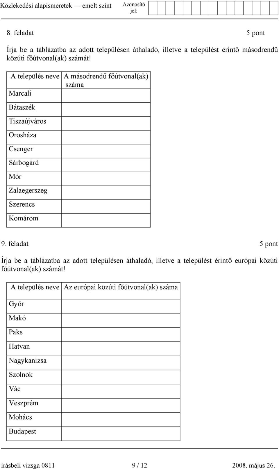 feladat 5 pont Írja be a táblázatba az adott településen áthaladó, illetve a települést érintő európai közúti főútvonal(ak) számát!