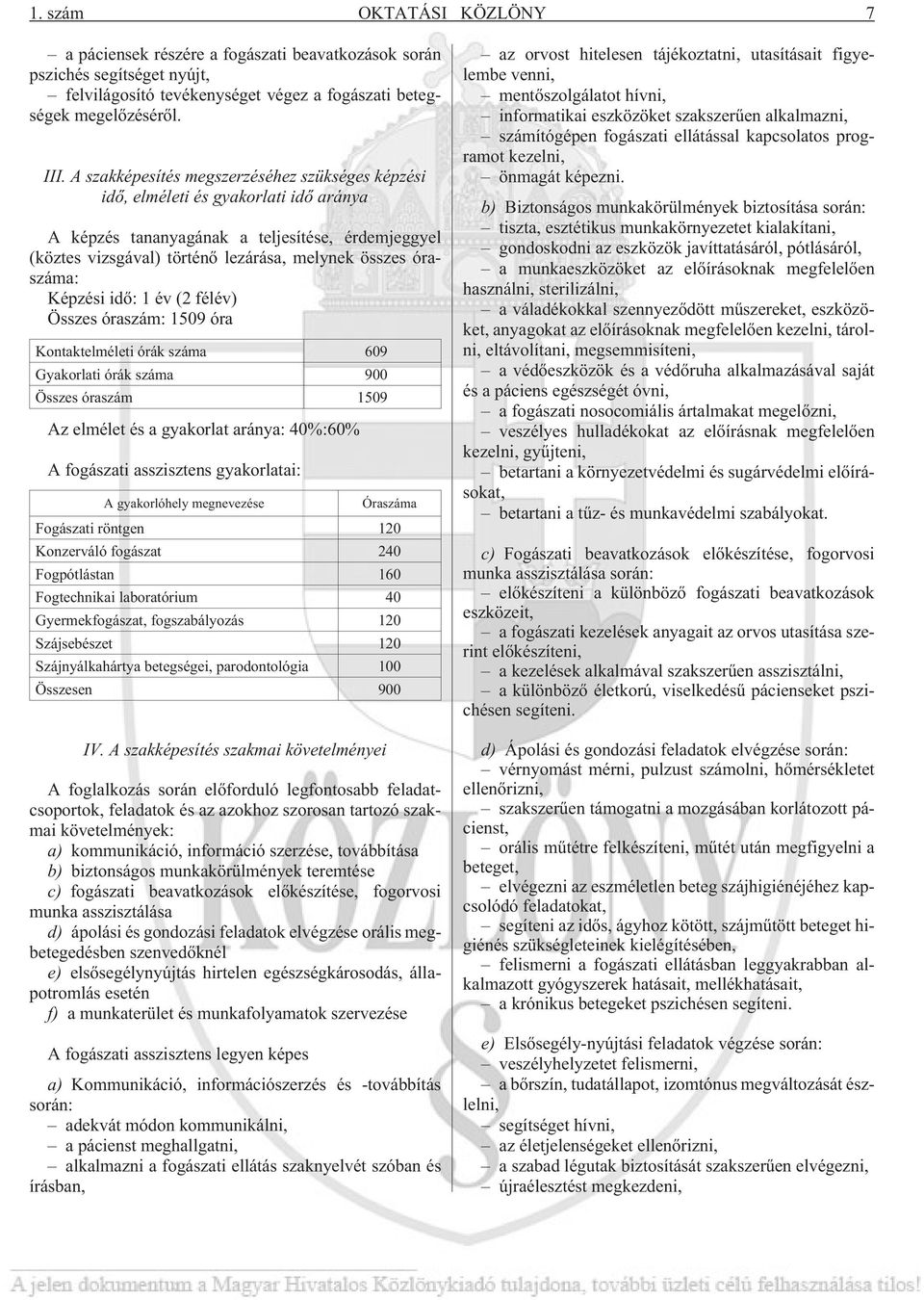Képzési idõ: 1 év (2 félév) Összes óraszám: 1509 óra Kontaktelméleti órák száma 609 Gyakorlati órák száma 900 Összes óraszám 1509 Az elmélet és a gyakorlat aránya: 40%:60% A fogászati asszisztens