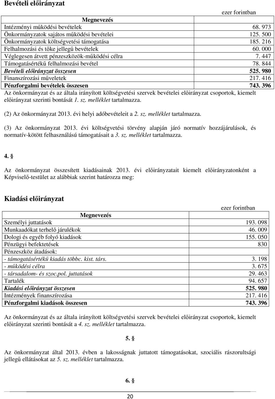 980 Finanszírozási műveletek 217. 416 Pénzforgalmi bevételek összesen 743.