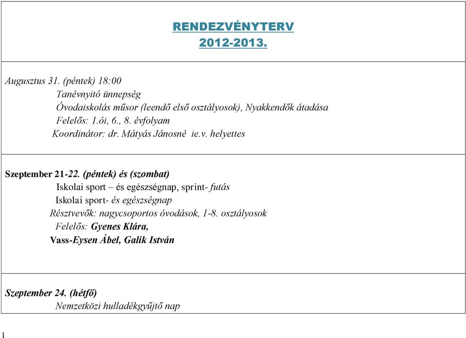 évfolyam Koordinátor: dr. Mátyás Jánosné ie.v. helyettes Szeptember 21-22.