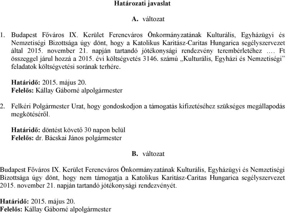 napján tartandó jótékonysági rendezvény terembérletéhez. Ft összeggel járul hozzá a 2015. évi költségvetés 3146. számú Kulturális, Egyházi és Nemzetiségi feladatok költségvetési sorának terhére.