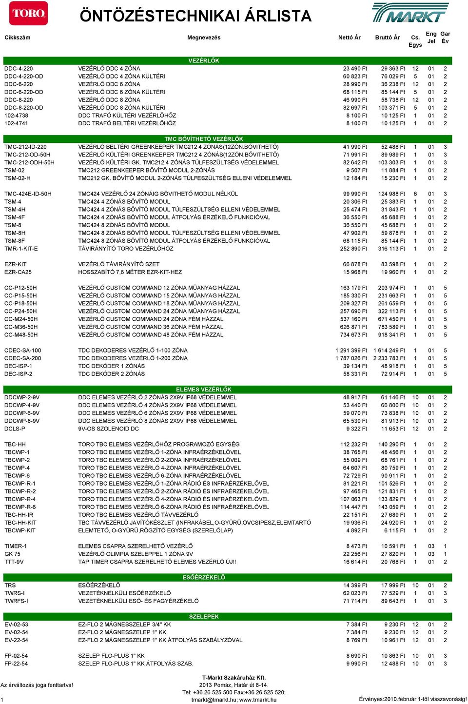 102-4738 DDC TRAFÓ KÜLTÉRI VEZÉRLŐHŐZ 8 100 Ft 10 125 Ft 1 01 2 102-4741 DDC TRAFÓ BELTÉRI VEZÉRLŐHŐZ 8 100 Ft 10 125 Ft 1 01 2 TMC BŐVÍTHETŐ VEZÉRLŐK TMC-212-ID-220 VEZÉRLŐ BELTÉRI GREENKEEPER