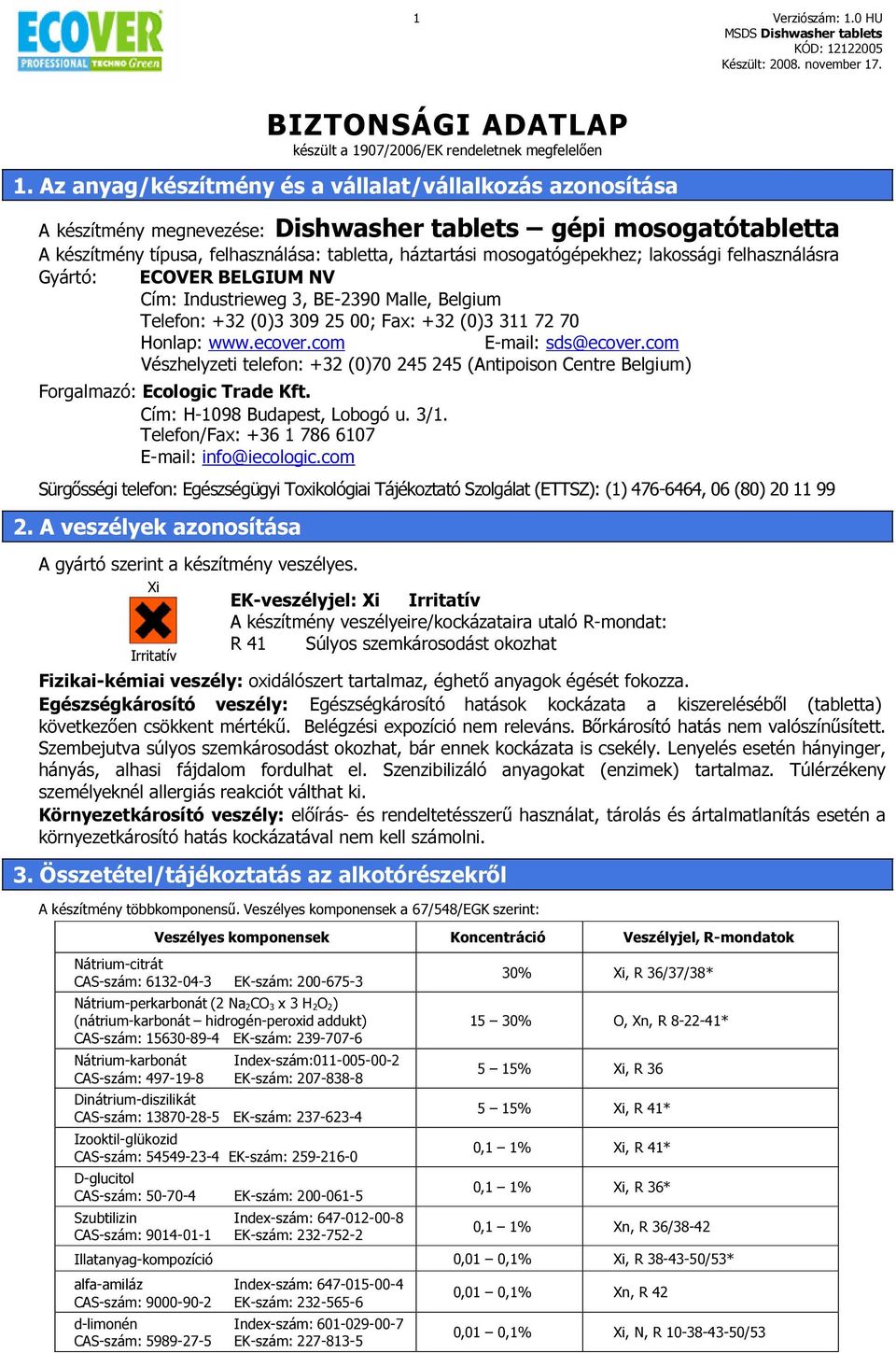 lakossági felhasználásra Gyártó: ECOVER BELGIUM NV Cím: Industrieweg 3, BE-2390 Malle, Belgium Telefon: +32 (0)3 309 25 00; Fax: +32 (0)3 311 72 70 Honlap: www.ecover.com E-mail: sds@ecover.