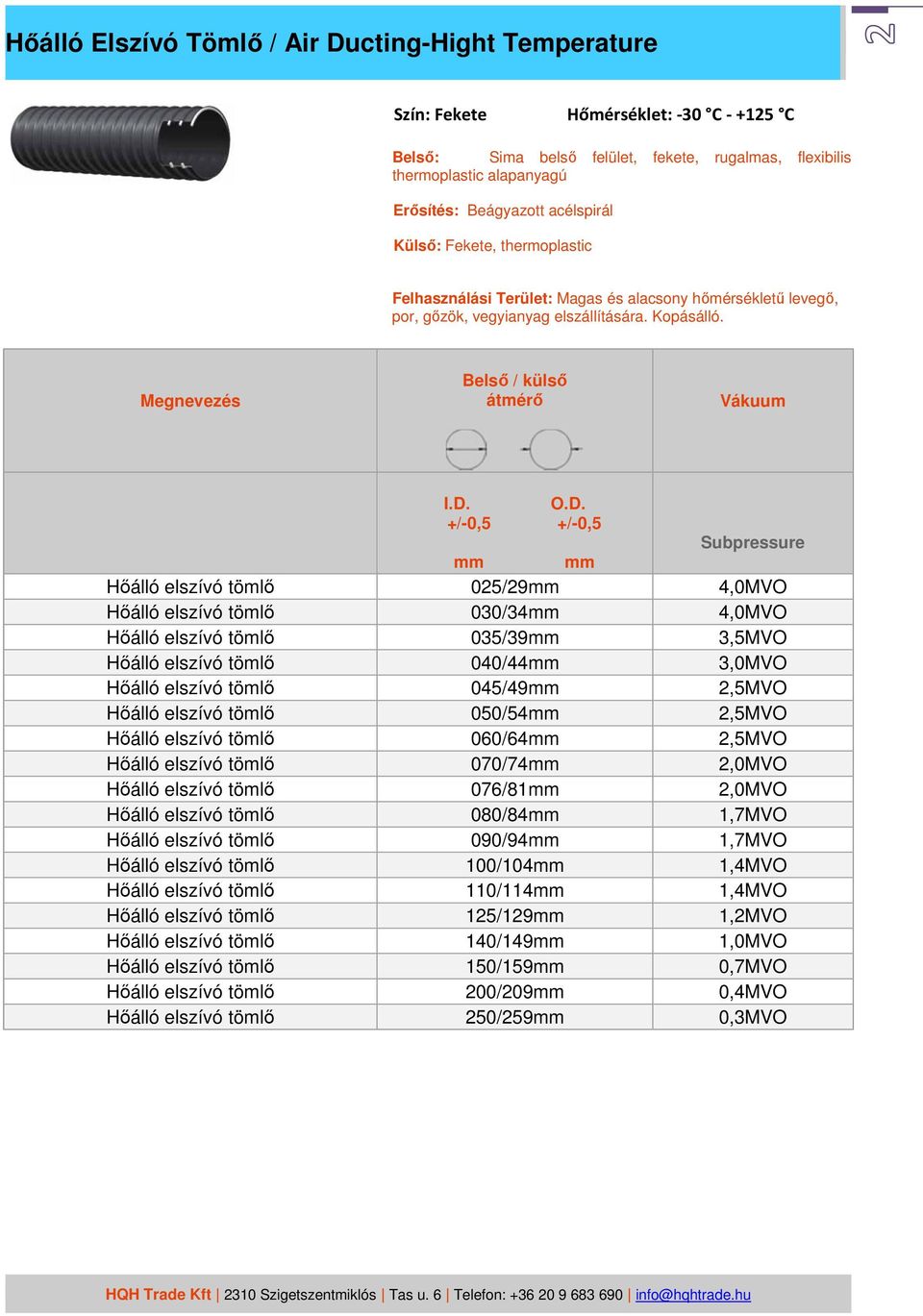 Vákuum Subpressure Hőálló elszívó tömlő 025/29mm 4,0MVO Hőálló elszívó tömlő 030/34mm 4,0MVO Hőálló elszívó tömlő 035/39mm 3,5MVO Hőálló elszívó tömlő 040/44mm 3,0MVO Hőálló elszívó tömlő 045/49mm