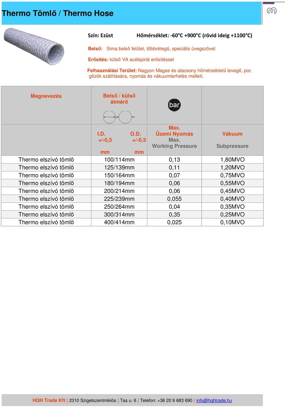 Vákuum Subpressure Thermo elszívó tömlő 100/114mm 0,13 1,80MVO Thermo elszívó tömlő 125/139mm 0,11 1,20MVO Thermo elszívó tömlő 150/164mm 0,07 0,75MVO Thermo elszívó tömlő 180/194mm