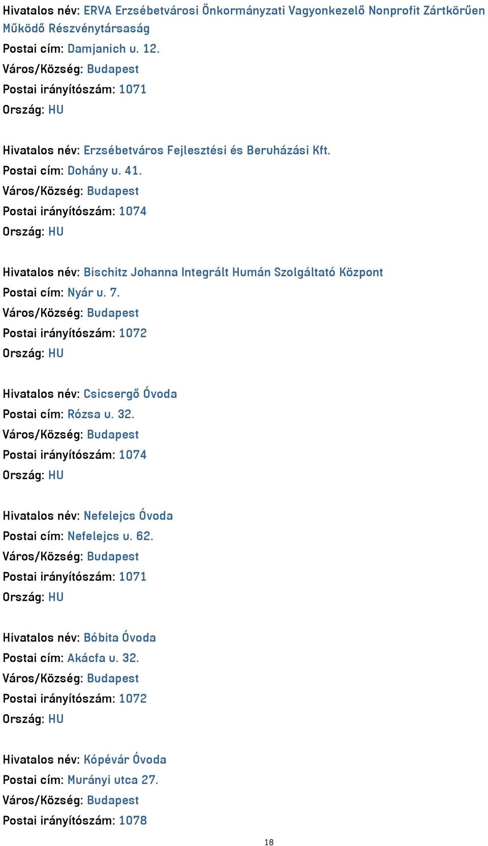 Postai irányítószám: 1074 Hivatalos név: Bischitz Johanna Integrált Humán Szolgáltató Központ Postai cím: Nyár u. 7.