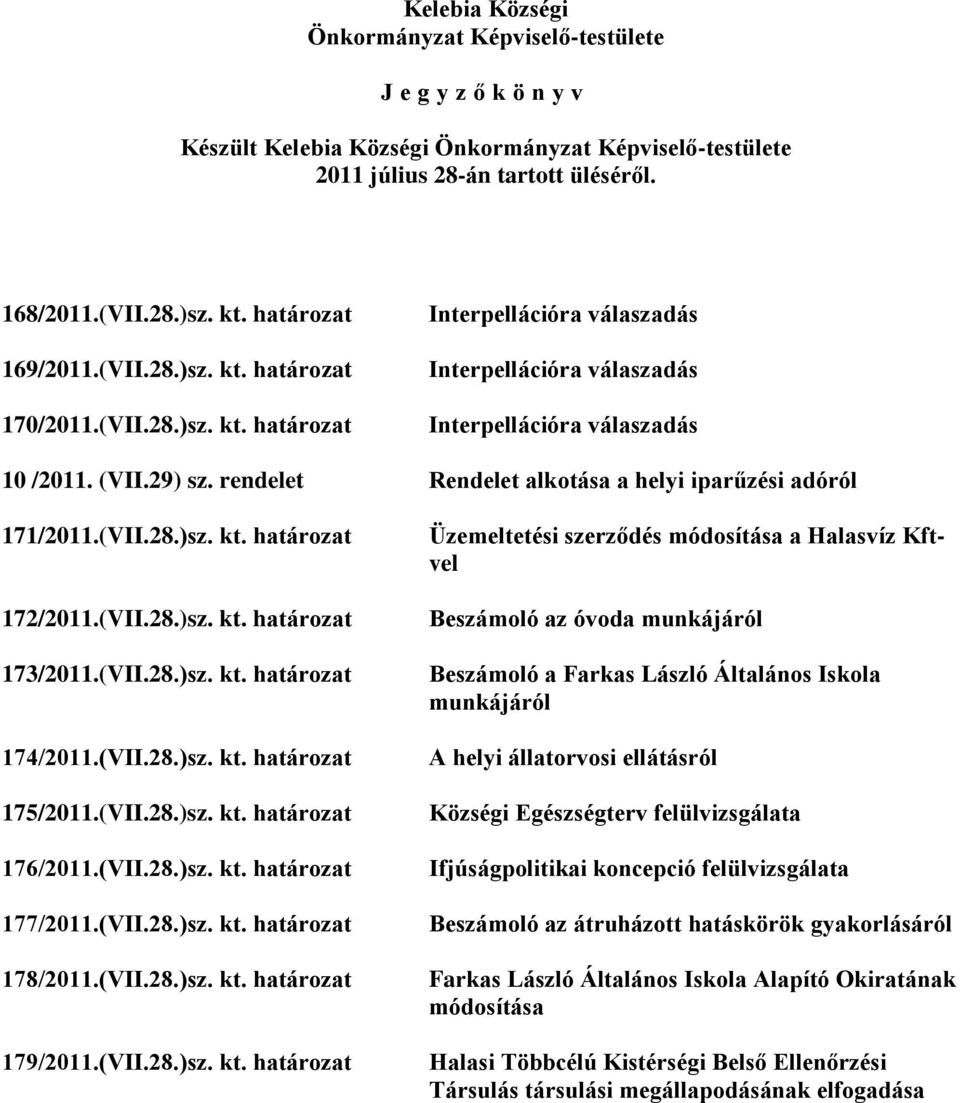 rendelet Rendelet alkotása a helyi iparűzési adóról 171/2011.(VII.28.)sz. kt. határozat 172/2011.(VII.28.)sz. kt. határozat 173/2011.(VII.28.)sz. kt. határozat 174/2011.(VII.28.)sz. kt. határozat 175/2011.