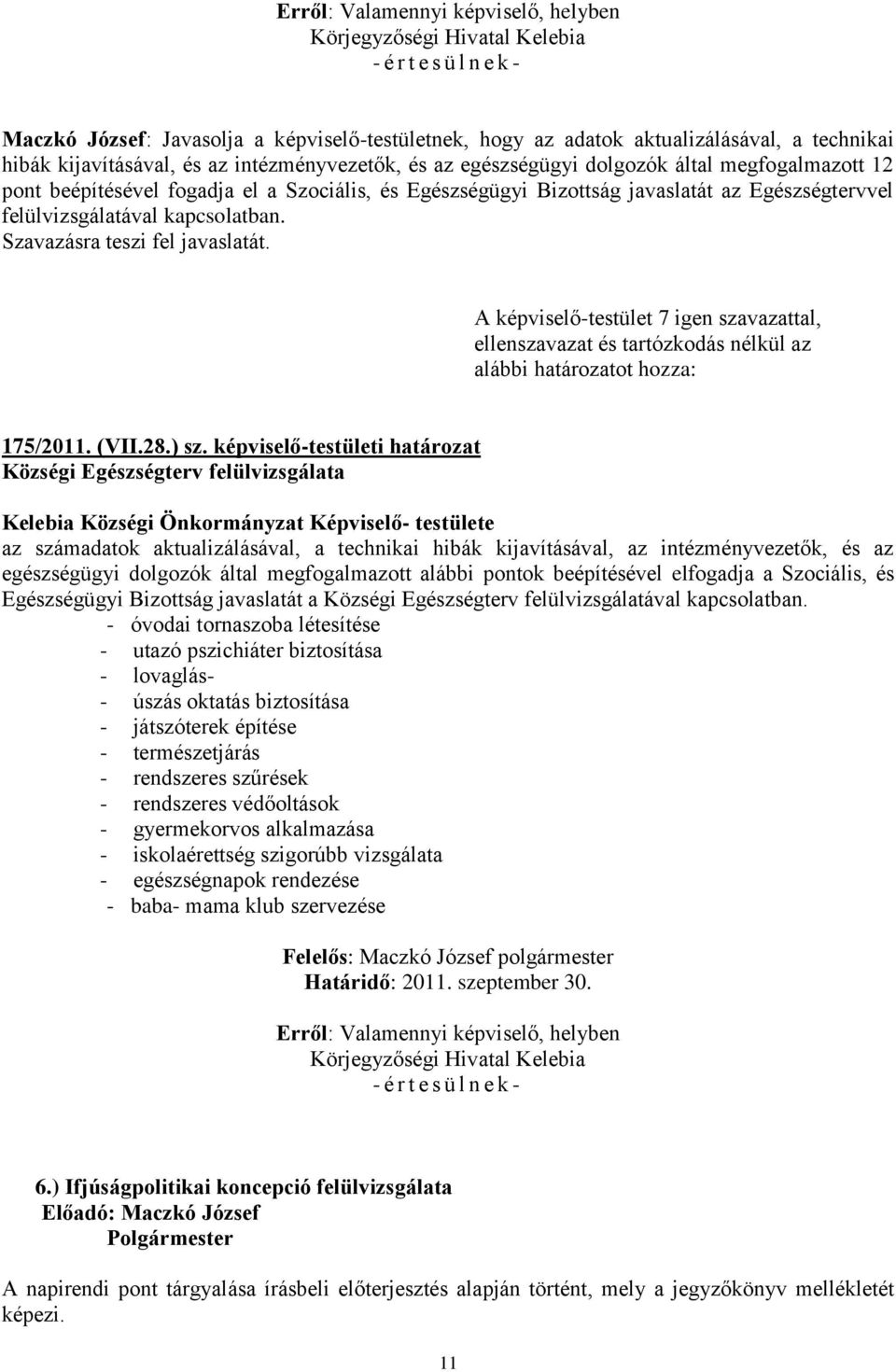 felülvizsgálatával kapcsolatban. ellenszavazat és tartózkodás nélkül az alábbi határozatot hozza: 175/2011. (VII.28.) sz.