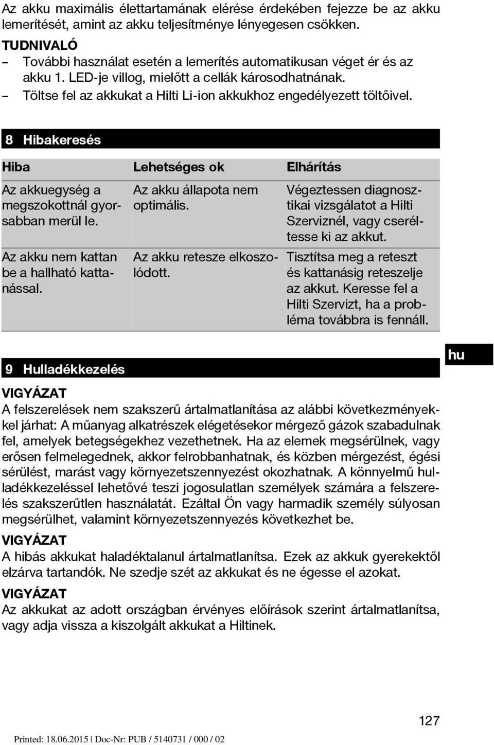 Töltse fel az akkukat a Hilti Li-ion akkukhoz engedélyezett töltőivel. 8 Hibakeresés Hiba Lehetséges ok Elhárítás Az akkuegység a megszokottnál gyorsabban merül le.