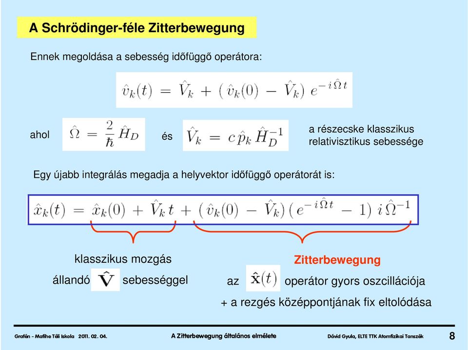 mozgás sebességgel Zitterbewegung az operátor gyors oszcillációja + a rezgés középpontjának fix eltolódása