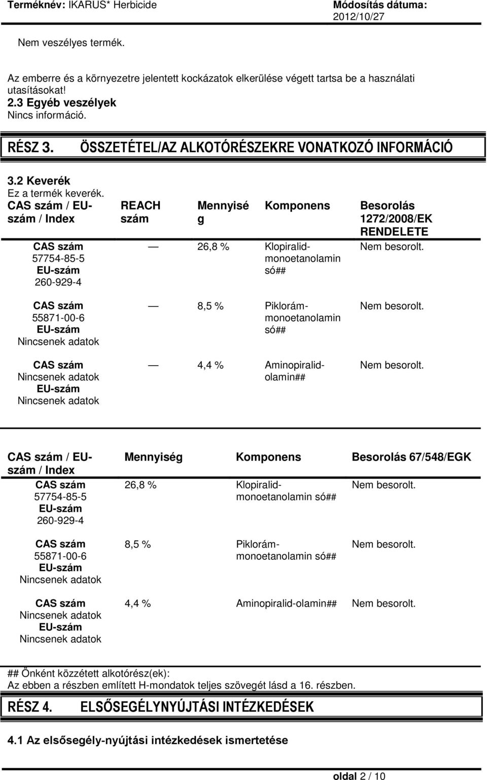/ EUszám / Index 57754-85-5 260-929-4 55871-00-6 REACH szám Mennyisé g Komponens 26,8 % Klopiralidmonoetanolamin só## 8,5 % Piklorámmonoetanolamin só## 4,4 % Aminopiralidolamin## Besorolás