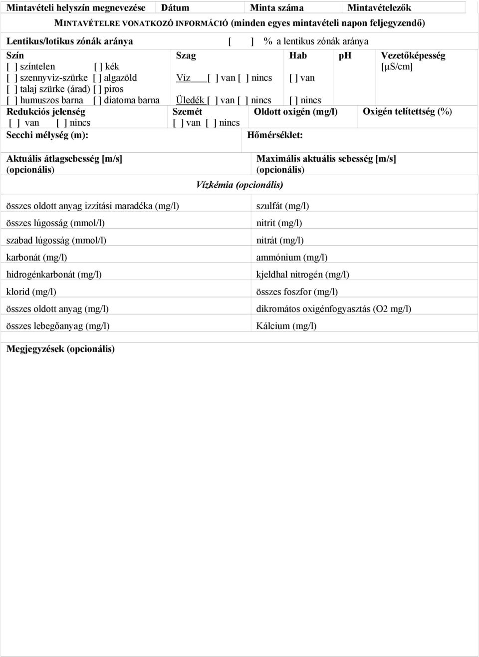 nincs Szemét Oldott oxigén (mg/l) Oxigén telítettség (%) van nincs Hőmérséklet: ph Vezetőképesség [µs/cm] Aktuális átlagsebesség [m/s] (opcionális) összes oldott anyag izzítási maradéka (mg/l) összes