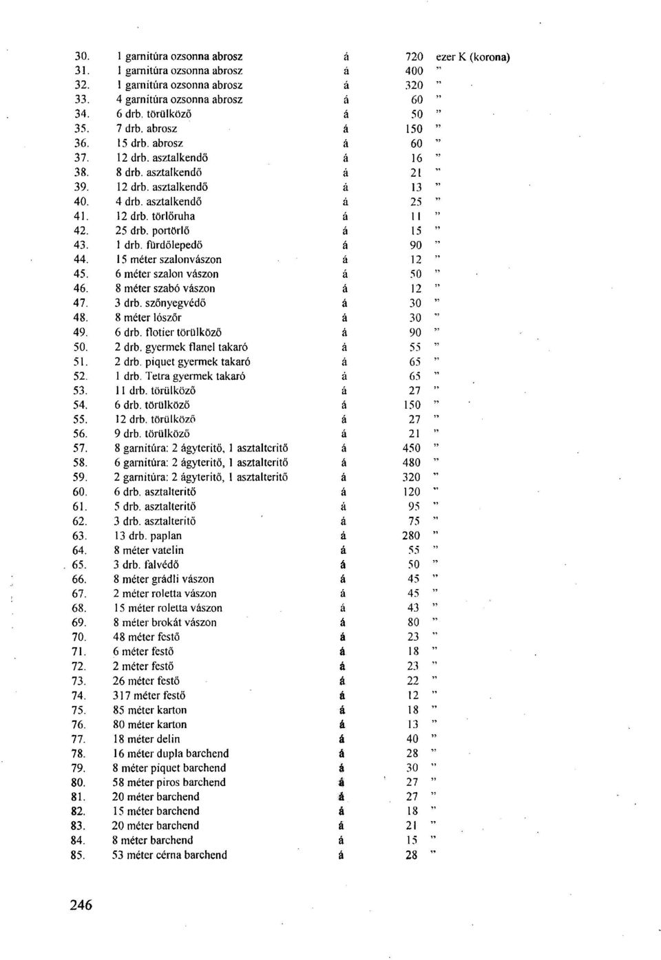 fürdőlepedő á 90 44. 15 méter szalonvászon á 12 45. 6 méter szalon vászon á 50 46. 8 méter szabó vászon a 12 47. 3 drb. szőnyegvédő á 30 48. 8 méter lószőr á 30 49. 6 drb. flotier törülköző á 90 50.