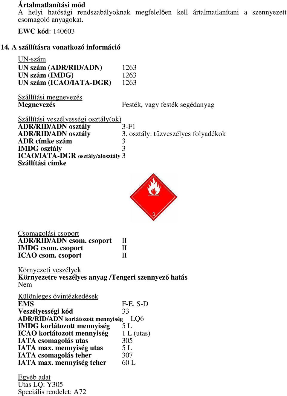 veszélyességi osztály(ok) ADR/RID/ADN osztály 3-F1 ADR/RID/ADN osztály 3.