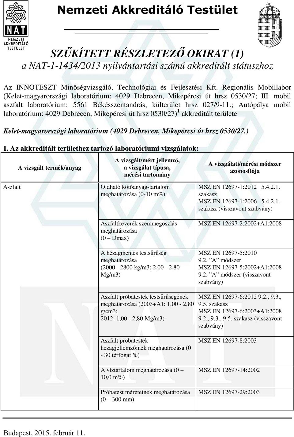 ; Autópálya mobil laboratórium: 4029 Debrecen, Mikepércsi út hrsz 0530/27) 1 akkreditált területe Kelet-magyarországi laboratórium (4029 Debrecen, Mikepércsi út hrsz 0530/27.) I.