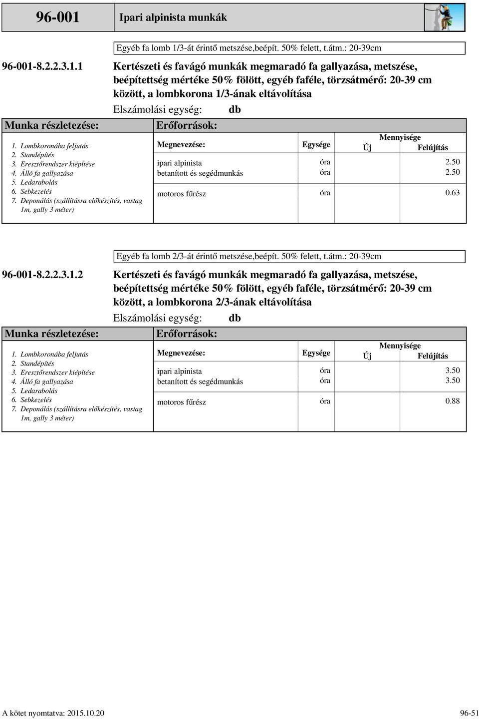 eltávolítása 50 50 0.63 Egyéb fa lomb 2/3-át érintő metszése,beépít. 50% felett, t.átm.: 20-39cm -8.