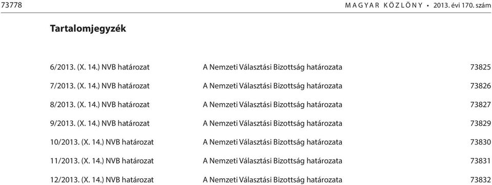 (X. 14.) NVB határozat A Nemzeti Választási Bizottság határozata 73829 10/2013. (X. 14.) NVB határozat A Nemzeti Választási Bizottság határozata 73830 11/2013.