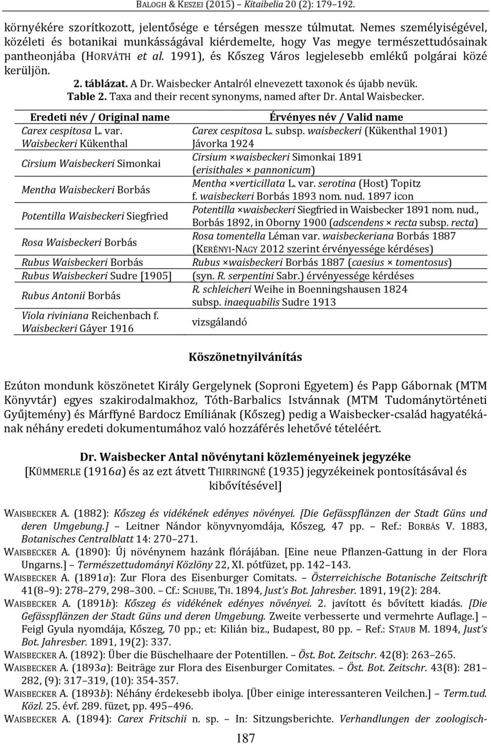 Antal Waisbecker. Eredeti név / Original name Érvényes név / Valid name Carex cespitosa L. var. Waisbeckeri Kükenthal Carex cespitosa L. subsp.