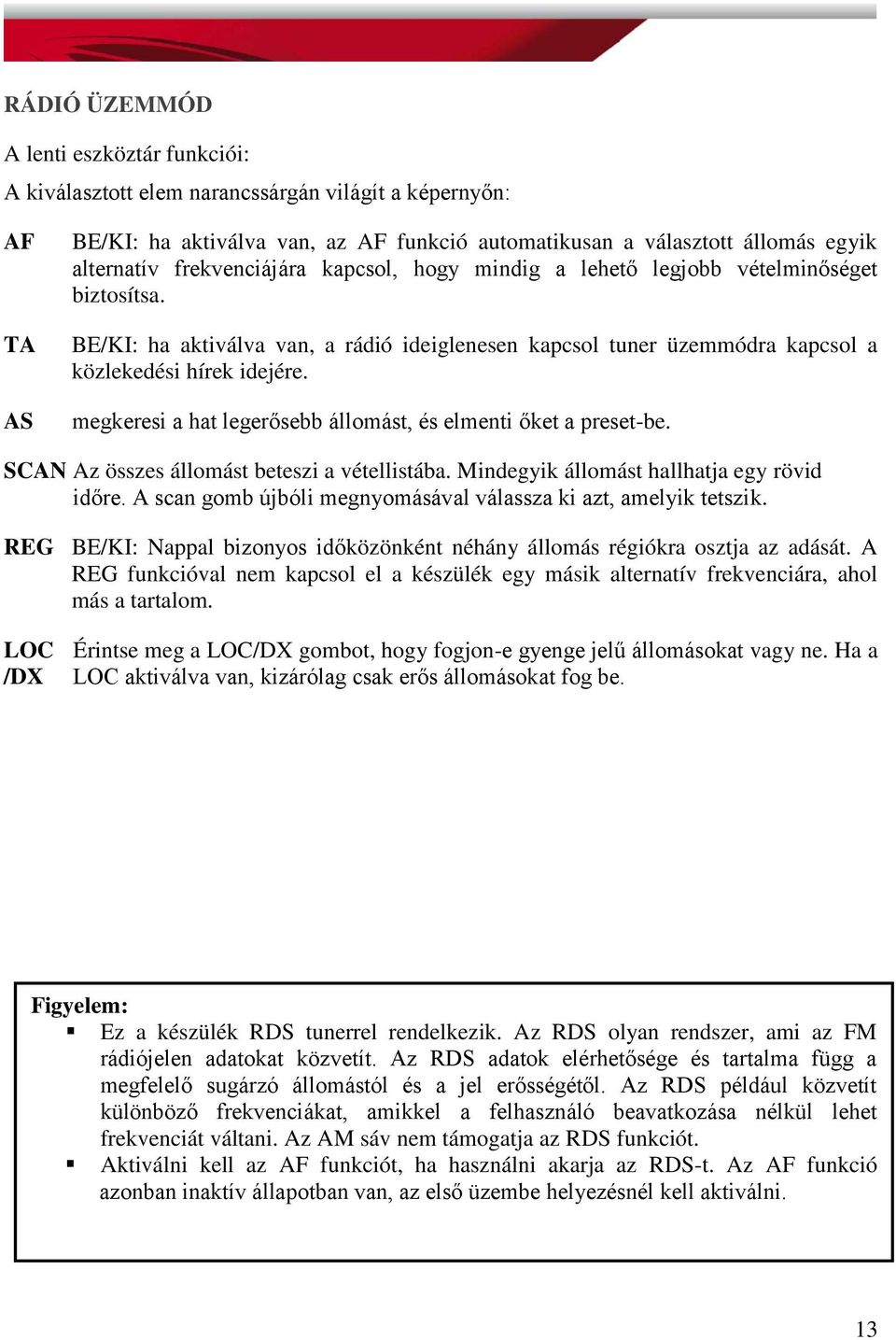 megkeresi a hat legerősebb állomást, és elmenti őket a preset-be. SCAN Az összes állomást beteszi a vétellistába. Mindegyik állomást hallhatja egy rövid időre.